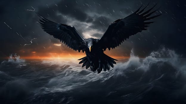 A majestic eagle soars through a stormy sea, its wings spread wide against the dark and stormy sky. The water below churns and foams, reflecting the grey and orange tones of the clouds above.