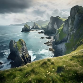 A stunning view of a dramatic coastline with towering cliffs overlooking the turquoise waters of the ocean. The sky is overcast with clouds, adding to the dramatic atmosphere of the scene.
