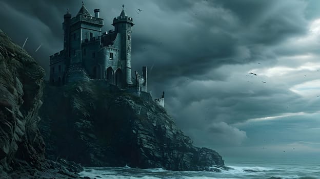A solitary castle perched on a cliff overlooking a stormy sea. The image is filled with dramatic and dark tones, highlighting the loneliness and grandeur of the castle.