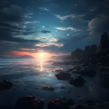 A breathtaking sunset over a calm ocean with a starry sky. The rocks on the shoreline and the reflection of the sky in the water create a serene and peaceful atmosphere.
