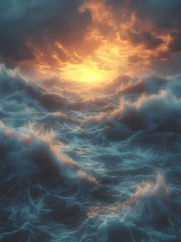 A dramatic scene of a stormy sea at sunset, with golden light illuminating the waves and sky.