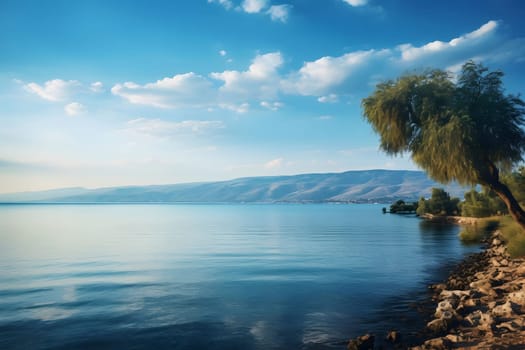 A serene scene of a calm lake with a mountain range in the distance under a blue sky with fluffy clouds. A tree on the shore adds a touch of greenery.