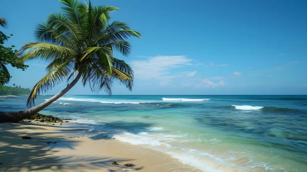 A palm tree leans over a pristine sandy beach with crystal clear blue ocean water in the background.