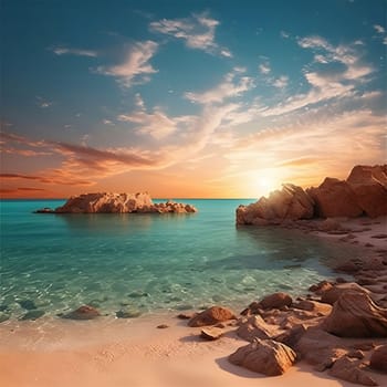 A breathtaking sunset over a tranquil beach, with golden rays illuminating the calm waters and surrounding rocks. The sky is awash with vibrant hues of orange, red, and yellow, creating a picturesque scene of natural beauty.