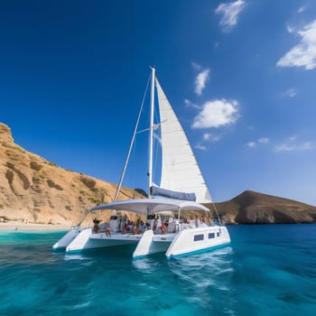 A white catamaran sails on a clear blue ocean with a beautiful island in the background, people on board enjoy the ride and the stunning view.