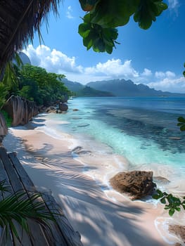 A serene tropical beach with crystal-clear turquoise water, white sand, and lush green vegetation. The view is framed by palm trees and a mountain range in the background, creating a picturesque landscape.