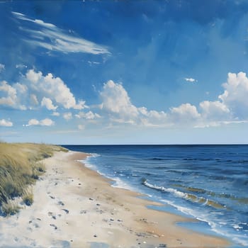 A picturesque view of a sandy beach with waves gently lapping the shore, under a bright blue sky dotted with fluffy clouds.