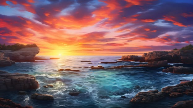 A breathtaking sunset paints the sky with vibrant hues of orange and pink, casting a golden glow over the rocky coast and the vast expanse of the ocean. The water laps gently against the shore, reflecting the fiery colors above.