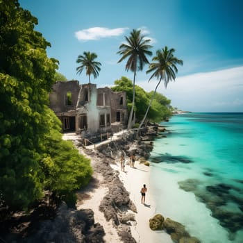 A picturesque tropical paradise with a white sand beach and crystal clear turquoise waters. An abandoned mansion sits perched on the shore, surrounded by lush greenery and swaying palm trees.