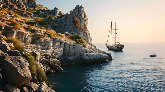 A sailing yacht glides peacefully through the serene waters, with a dramatic rocky coastline in the background as the sun sets on the horizon.