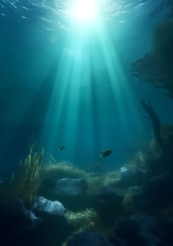 A view of the ocean floor with sunlight beams shining through the water. The image features coral, fish, and algae.