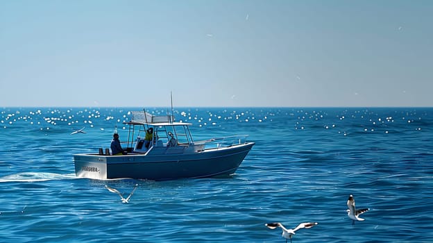 A small boat sails across a vast ocean, with seagulls flying nearby, against a clear blue sky.
