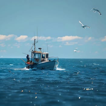 A fishing boat sailing on the calm blue ocean with white clouds in the background, and two seagulls flying overhead.