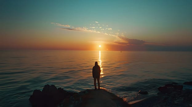 A single figure stands in silhouette against a stunning sunset over the ocean. The sky is ablaze with warm colors as the sun dips below the horizon. The peaceful scene evokes a sense of calm and serenity.