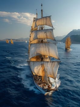 A sailing ship with white sails glides across a vast blue ocean. The ship is the main focus of the image, with the ocean and sky serving as a backdrop. The scene evokes a sense of serenity and adventure, capturing the beauty of nature and the thrill of travel.