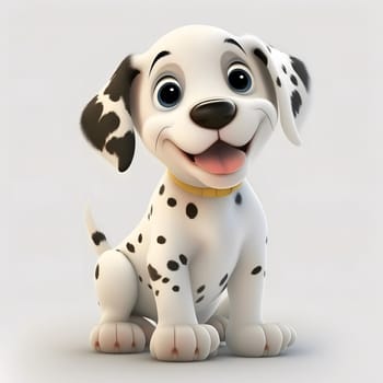 A cute dalmatian puppy sitting on a white background, smiling with its tongue out.