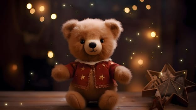 A plush teddy bear dressed in a red and gold jacket sits on a wooden table with festive lights sparkling in the background. The image evokes a sense of warmth and childhood joy.