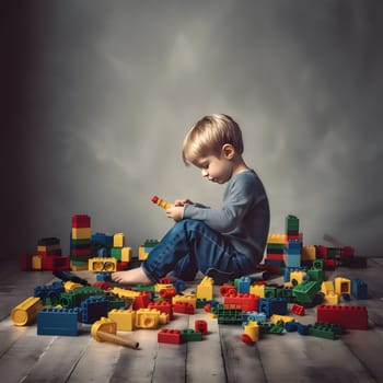 A young boy is sitting on the floor, playing with colorful building blocks. He is smiling and looks happy. He is in a kid's room and is having a lot of fun playing with the toys.