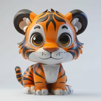 Close-up of a 3D cartoon tiger cub with big eyes and an adorable expression.