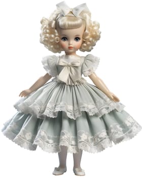 A vintage porcelain doll with blonde hair and blue eyes, dressed in a green dress with lace details and a white bow.