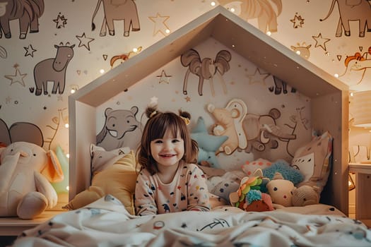 A young girl smiles brightly while sitting in her bed surrounded by stuffed animals and pillows in a playfully decorated bedroom.