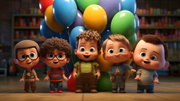Five cartoon boys with big smiles, wearing colorful clothes and standing in front of a bunch of colorful balloons.