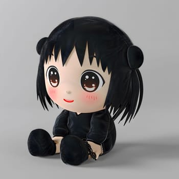 A cute anime doll with big eyes and a black outfit is sitting with a big smile.