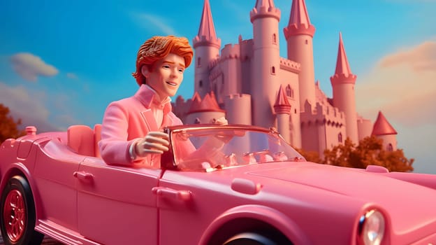 A man drives a pink convertible towards a pink castle, symbolizing a whimsical and joyful journey towards dreams and aspirations.