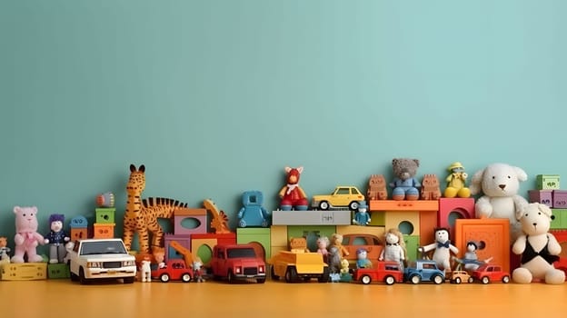 A colorful assortment of toys on a wooden table. This collection includes plush animals, toy cars, and wooden blocks, creating a cheerful and playful atmosphere.