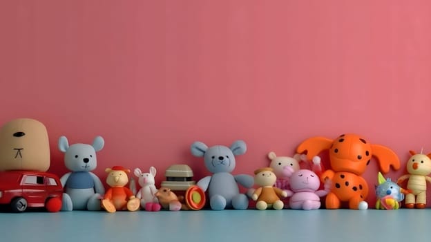 A collection of toys, featuring bears, animals, and a red toy car, against a pink background.