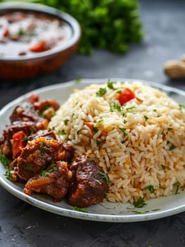 Zimbabwean peanut butter rice, a traditional dish cooked with peanut butter and served with a hearty meat stew, presented on a plate