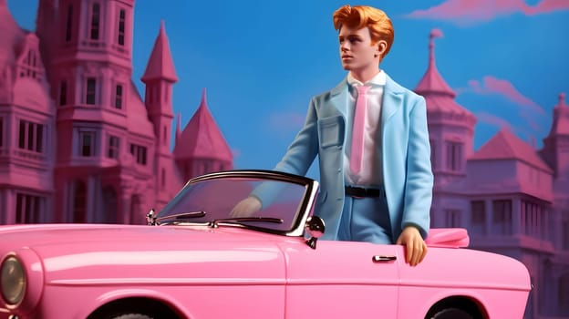 A man in a blue suit stands in a pink convertible, looking out at a pink castle in the background. The scene is bright and colorful, almost surreal.