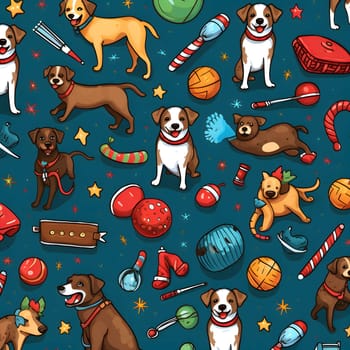 A seamless pattern featuring adorable cartoon dogs playing with various toys on a blue background.