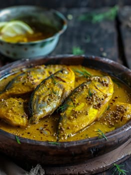 A traditional Bangladeshi delicacy, Hilsa fish curry, cooked with aromatic spices like turmeric and mustard seeds, served in a classic bowl. A delicious taste of Bengali cuisine