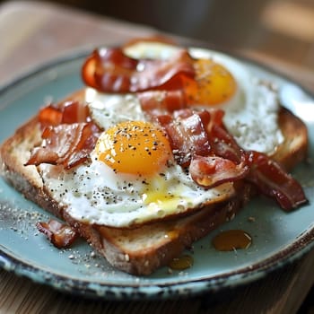 A plate of freshly cooked breakfast, featuring two sunny-side up eggs with crispy bacon and toasted bread. The eggs are golden yellow, the bacon is crispy and brown, and the toast is golden and toasted to perfection.
