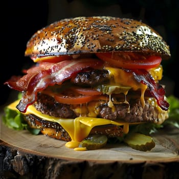 A close-up shot of a juicy double cheeseburger with bacon and pickles, a mouthwatering and flavorful fast-food classic.