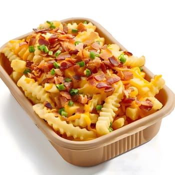 A close-up shot of a plate of crispy french fries topped with melted cheese, crispy bacon, and a sprinkle of green onions. This is a perfect example of a classic, indulgent snack or side dish that's sure to satisfy any craving.