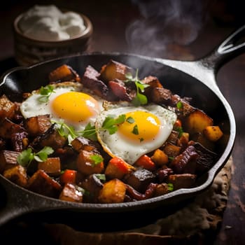 A close-up view of a cast iron skillet filled with delicious fried eggs and hash browns. The eggs are perfectly cooked with runny yolks, and the hash browns are golden brown and crispy.