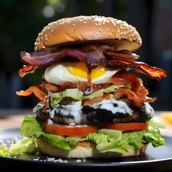 A mouthwatering breakfast burger with bacon, egg, and cheese.
