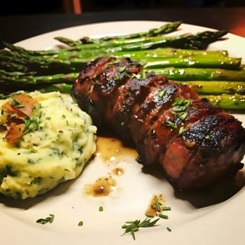 A close-up shot of a grilled pork tenderloin served with asparagus and mashed potatoes.