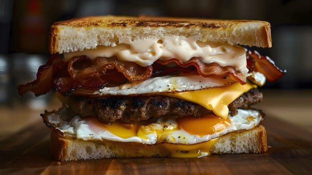 A mouthwatering breakfast sandwich piled high with bacon, eggs, cheese, and a juicy burger patty.