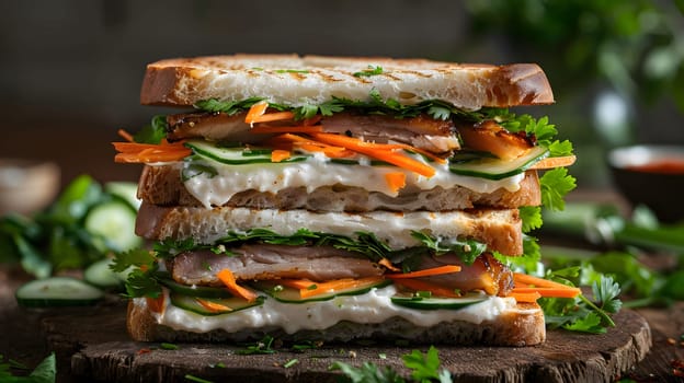 A delicious Vietnamese sandwich, a banh mi, filled with grilled chicken, cucumber, carrots, cilantro, and mayonnaise. The sandwich is toasted and looks very fresh and appetizing. It's a perfect lunch or dinner option.