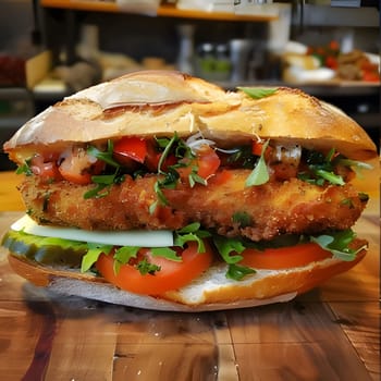 A mouthwatering sandwich with crispy fried chicken, fresh tomatoes, and arugula, ready to satisfy your cravings.