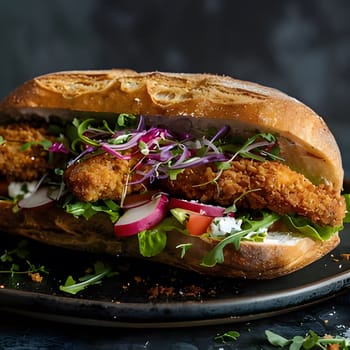 A close-up shot of a delicious crispy fried chicken sandwich with fresh greens, red onions, and radishes. The sandwich is on a black plate.
