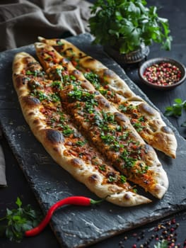 Tasty Azerbaijani Qutab, stuffed flatbreads with fresh greens or minced meat, served on a slate serving board. A delightful representation of Azerbaijani cuisine
