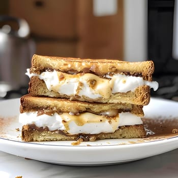 A close-up shot of a gooey and delicious grilled s'mores sandwich, stacked high with melted marshmallow, chocolate, and graham cracker.