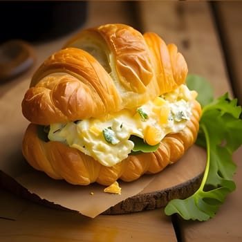 A close-up shot of a freshly made croissant sandwich filled with a creamy mixture and served on a wooden table with a green garnish.