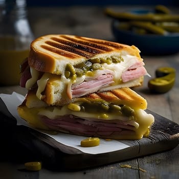 A close up of a grilled Cuban sandwich with ham and pickles on a wooden plate. The sandwich is cut in half and the inside is visible with melted cheese, ham, and pickles.