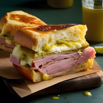 A close-up shot of a Cuban sandwich with mustard, ham, pickles, and bread. The sandwich is perfectly layered and the mustard is visible on the bread.