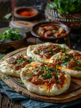 Traditional Libyan Bazin, a hard dough served with a spicy tomato sauce and meat, presented on a traditional tray. A flavorful journey into North African cuisine